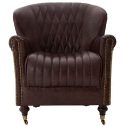 Industrial Coffee Brown Genuine Leather Quilted Wingback Heritage Armchair With Silver Metal Back And Walnut Wood Feet With Wheels