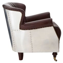 Industrial Coffee Brown Genuine Leather Quilted Wingback Heritage Armchair With Silver Metal Back And Walnut Wood Feet With Wheels