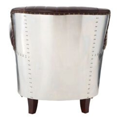 Industrial Coffee Brown Genuine Leather Quilted Wingback Heritage Armchair With Silver Metal Back And Walnut Wood Feet With Wheels