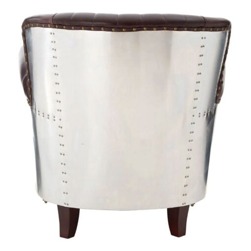 Industrial Coffee Brown Genuine Leather Quilted Wingback Heritage Armchair With Silver Metal Back And Walnut Wood Feet With Wheels