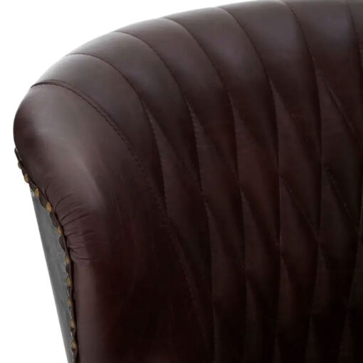 Industrial Coffee Brown Genuine Leather Quilted Wingback Heritage Armchair With Silver Metal Back And Walnut Wood Feet With Wheels
