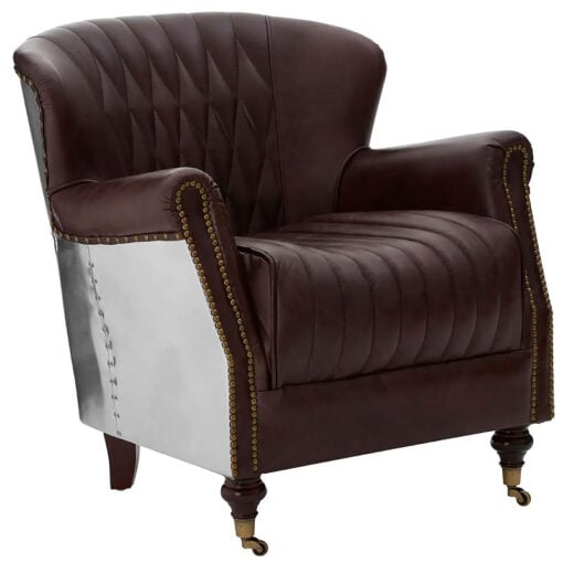 Industrial Coffee Brown Genuine Leather Quilted Wingback Heritage Armchair With Silver Metal Back And Walnut Wood Feet With Wheels