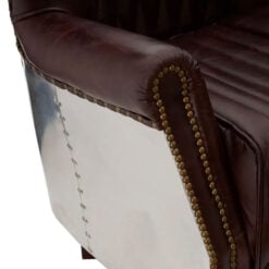 Industrial Coffee Brown Genuine Leather Quilted Wingback Heritage Armchair With Silver Metal Back And Walnut Wood Feet With Wheels