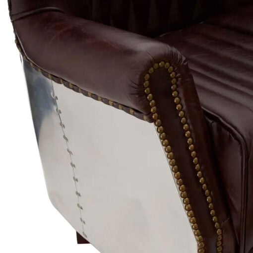 Industrial Coffee Brown Genuine Leather Quilted Wingback Heritage Armchair With Silver Metal Back And Walnut Wood Feet With Wheels