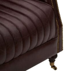 Industrial Coffee Brown Genuine Leather Quilted Wingback Heritage Armchair With Silver Metal Back And Walnut Wood Feet With Wheels