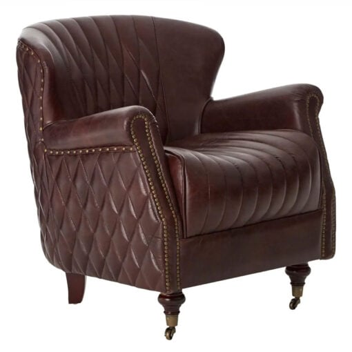 Industrial Coffee Brown Genuine Leather Studded Winged Heritage Quilted Armchair With Walnut Wood Legs And Wheels