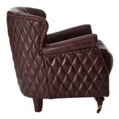 Industrial Coffee Brown Genuine Leather Studded Winged Heritage Quilted Armchair With Walnut Wood Legs And Wheels