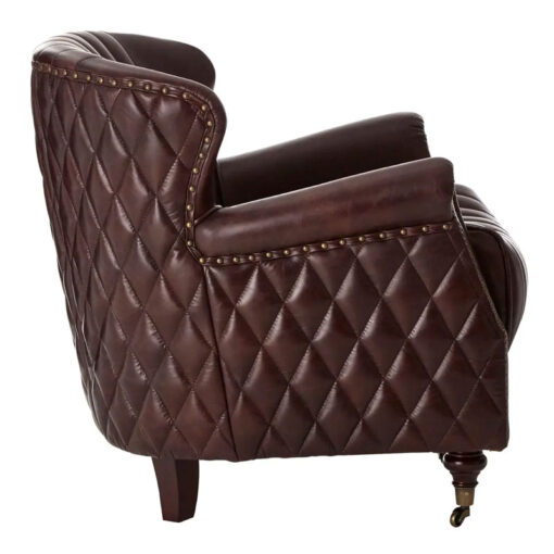 Industrial Coffee Brown Genuine Leather Studded Winged Heritage Quilted Armchair With Walnut Wood Legs And Wheels