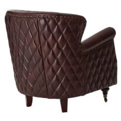 Industrial Coffee Brown Genuine Leather Studded Winged Heritage Quilted Armchair With Walnut Wood Legs And Wheels
