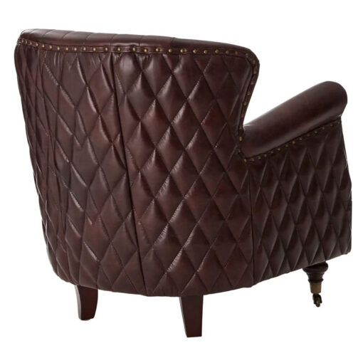 Industrial Coffee Brown Genuine Leather Studded Winged Heritage Quilted Armchair With Walnut Wood Legs And Wheels
