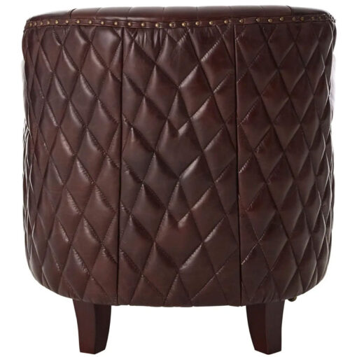 Industrial Coffee Brown Genuine Leather Studded Winged Heritage Quilted Armchair With Walnut Wood Legs And Wheels