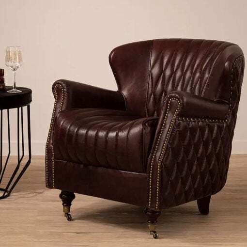 Industrial Coffee Brown Genuine Leather Studded Winged Heritage Quilted Armchair With Walnut Wood Legs And Wheels