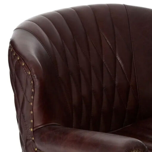 Industrial Coffee Brown Genuine Leather Studded Winged Heritage Quilted Armchair With Walnut Wood Legs And Wheels