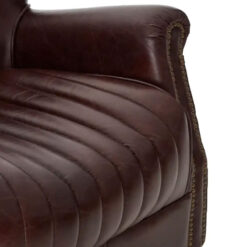 Industrial Coffee Brown Genuine Leather Studded Winged Heritage Quilted Armchair With Walnut Wood Legs And Wheels