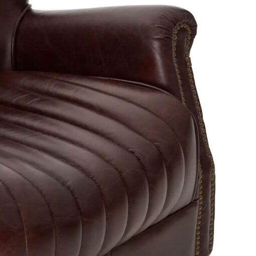 Industrial Coffee Brown Genuine Leather Studded Winged Heritage Quilted Armchair With Walnut Wood Legs And Wheels
