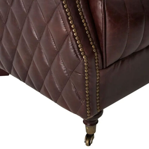 Industrial Coffee Brown Genuine Leather Studded Winged Heritage Quilted Armchair With Walnut Wood Legs And Wheels