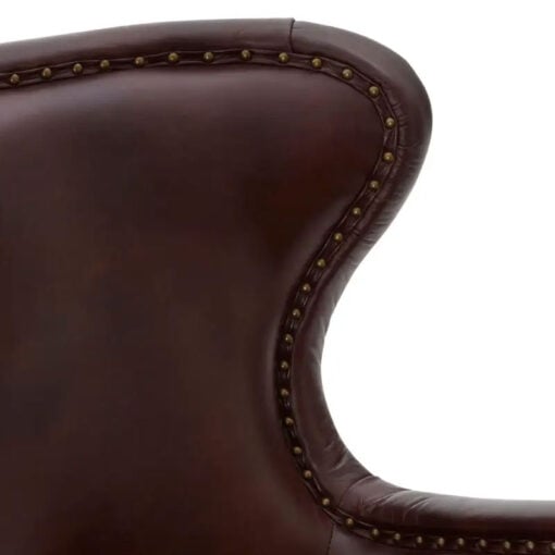 Industrial Dark Coffee Brown Genuine Leather Winged Studded Heritage Armchair With Black Walnut Wood Legs
