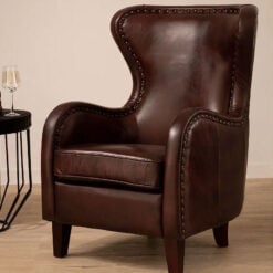 Industrial Dark Coffee Brown Genuine Leather Winged Studded Heritage Armchair With Black Walnut Wood Legs