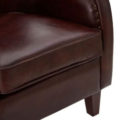 Industrial Dark Coffee Brown Genuine Leather Winged Studded Heritage Armchair With Black Walnut Wood Legs