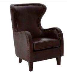 Industrial Dark Coffee Brown Genuine Leather Winged Studded Heritage Armchair With Black Walnut Wood Legs
