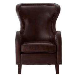 Industrial Dark Coffee Brown Genuine Leather Winged Studded Heritage Armchair With Black Walnut Wood Legs