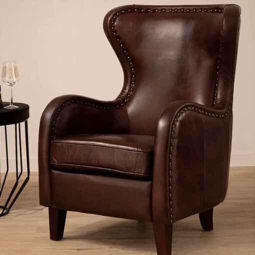 Industrial Dark Coffee Brown Genuine Leather Winged Studded Heritage Armchair With Black Walnut Wood Legs
