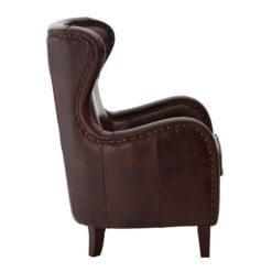 Industrial Dark Coffee Brown Genuine Leather Winged Studded Heritage Armchair With Black Walnut Wood Legs