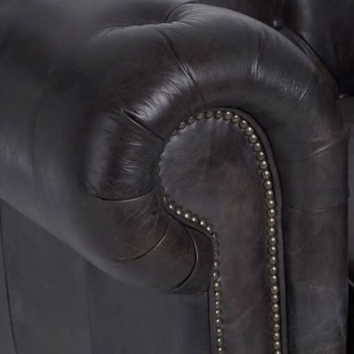 Industrial Dark Grey Genuine Leather Studded Heritage Chesterfield Armchair With Walnut Wood Legs And Wheels