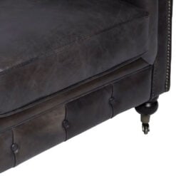 Industrial Dark Grey Genuine Leather Studded Heritage Chesterfield Armchair With Walnut Wood Legs And Wheels