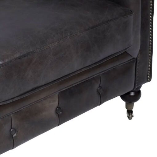 Industrial Dark Grey Genuine Leather Studded Heritage Chesterfield Armchair With Walnut Wood Legs And Wheels