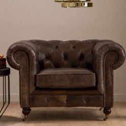Industrial Dark Grey Genuine Leather Studded Heritage Chesterfield Armchair With Walnut Wood Legs And Wheels