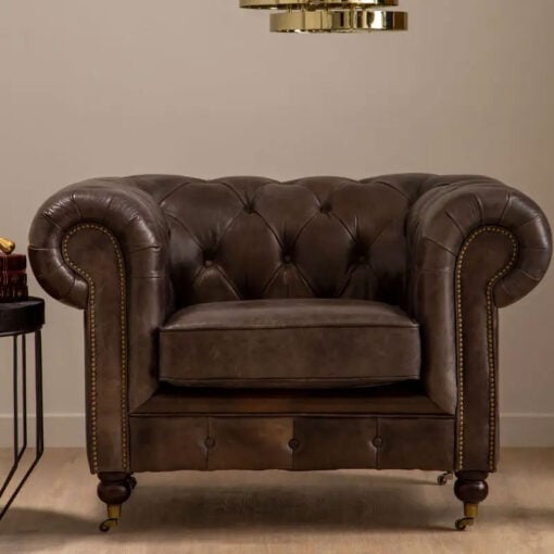 Industrial Dark Grey Genuine Leather Studded Heritage Chesterfield Armchair With Walnut Wood Legs And Wheels