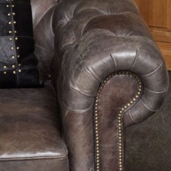 Industrial Dark Grey Genuine Leather Studded Heritage Chesterfield Armchair With Walnut Wood Legs And Wheels