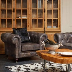 Industrial Dark Grey Genuine Leather Studded Heritage Chesterfield Armchair With Walnut Wood Legs And Wheels