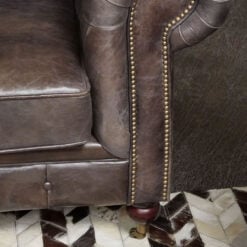 Industrial Dark Grey Genuine Leather Studded Heritage Chesterfield Armchair With Walnut Wood Legs And Wheels