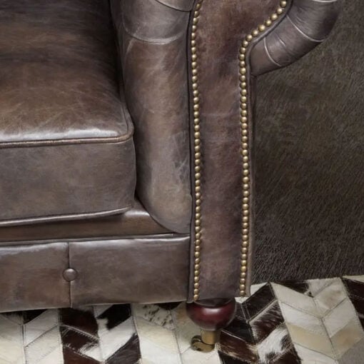 Industrial Dark Grey Genuine Leather Studded Heritage Chesterfield Armchair With Walnut Wood Legs And Wheels