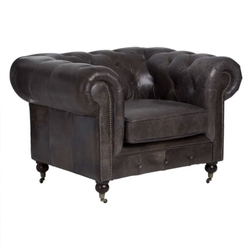 Industrial Dark Grey Genuine Leather Studded Heritage Chesterfield Armchair With Walnut Wood Legs And Wheels