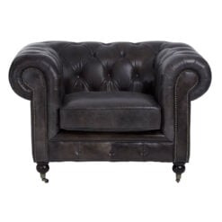 Industrial Dark Grey Genuine Leather Studded Heritage Chesterfield Armchair With Walnut Wood Legs And Wheels