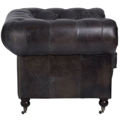 Industrial Dark Grey Genuine Leather Studded Heritage Chesterfield Armchair With Walnut Wood Legs And Wheels