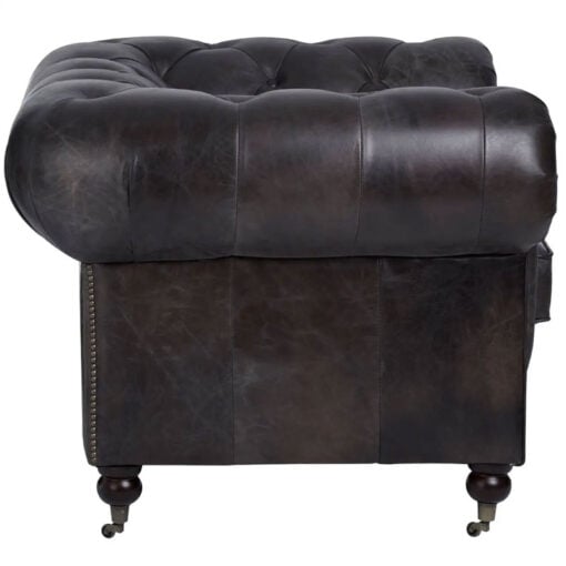 Industrial Dark Grey Genuine Leather Studded Heritage Chesterfield Armchair With Walnut Wood Legs And Wheels