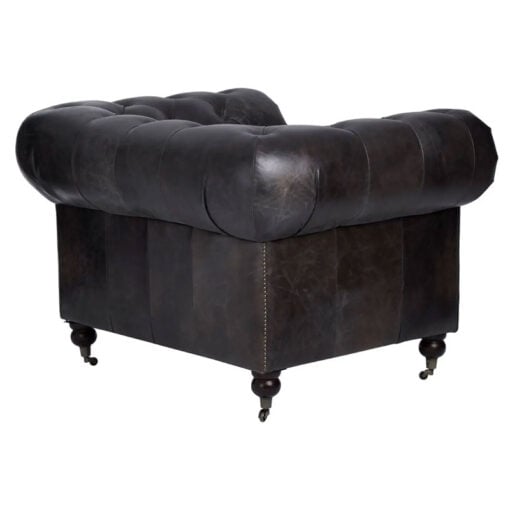 Industrial Dark Grey Genuine Leather Studded Heritage Chesterfield Armchair With Walnut Wood Legs And Wheels