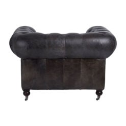 Industrial Dark Grey Genuine Leather Studded Heritage Chesterfield Armchair With Walnut Wood Legs And Wheels