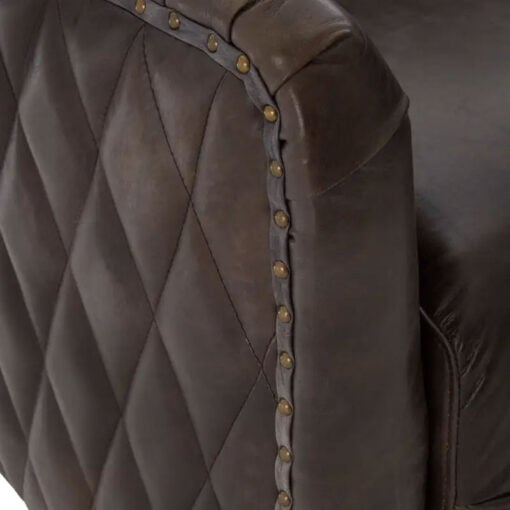 Industrial Dark Grey Genuine Leather Tufted Studded Chesterfield Quilted Armchair With Walnut Wood Legs