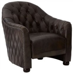 Industrial Dark Grey Genuine Leather Tufted Studded Chesterfield Quilted Armchair With Walnut Wood Legs
