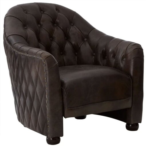 Industrial Dark Grey Genuine Leather Tufted Studded Chesterfield Quilted Armchair With Walnut Wood Legs