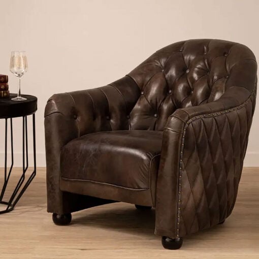 Industrial Dark Grey Genuine Leather Tufted Studded Chesterfield Quilted Armchair With Walnut Wood Legs