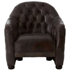 Industrial Dark Grey Genuine Leather Tufted Studded Chesterfield Quilted Armchair With Walnut Wood Legs