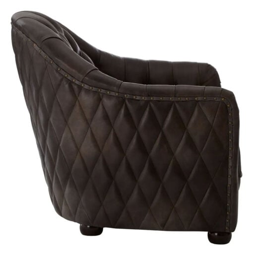 Industrial Dark Grey Genuine Leather Tufted Studded Chesterfield Quilted Armchair With Walnut Wood Legs