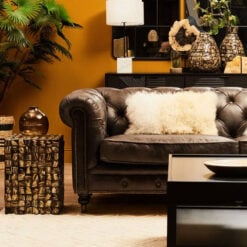 Industrial Dark Grey Genuine Leather Tufted Studded Heritage Chesterfield 3 Seater Sofa With Walnut Wood Legs And Wheels 230cm