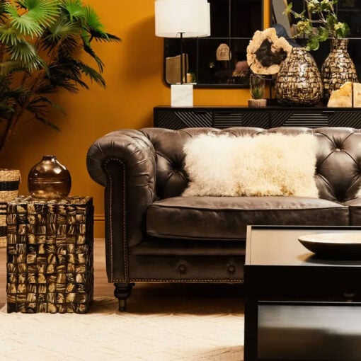 Industrial Dark Grey Genuine Leather Tufted Studded Heritage Chesterfield 3 Seater Sofa With Walnut Wood Legs And Wheels 230cm